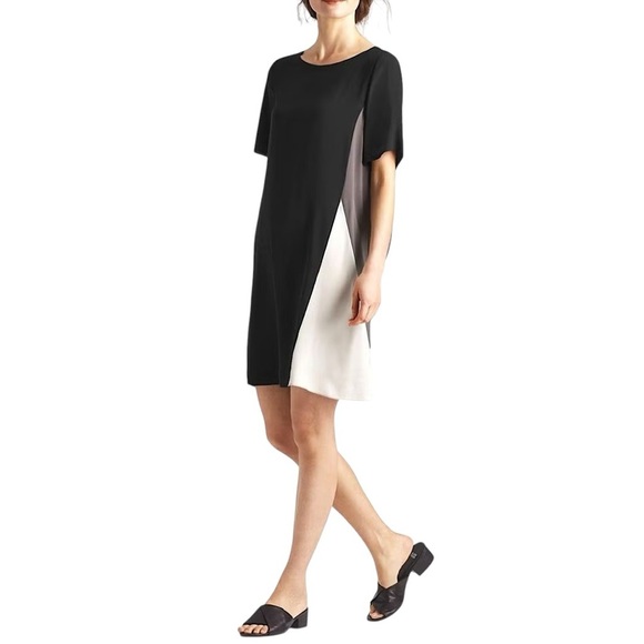 EILEEN FISHER Silk Georgette Crepe Color Block Shift Dress - Picture 1 of 13